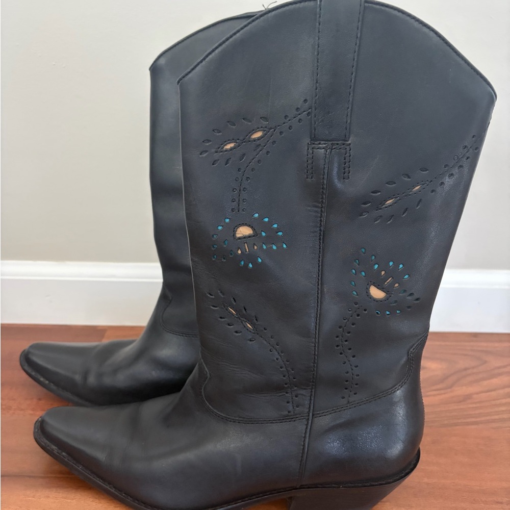 Matisse Black Leather Embroidered Heeled Boots